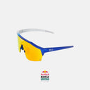 Gafas de ciclismo Velo Store Mx KOO Alibi Red Bull BORA-hansgrohe con montura azul y lente Zeiss roja espejada