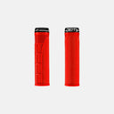 Puños de bicicleta Velo Store Mx Deity MEGATTACK rojos de 36 mm con diseño técnico y abrazaderas de bloqueo negras.