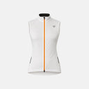 Chaleco de ciclismo para mujer Velo Store Mx Ultralight en color blanco con cremallera naranja y ajuste aerodinámico.