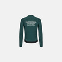 Jersey de ciclismo térmico verde oscuro Pas Normal Studios con logo blanco en la espalda y bolsillos traseros
