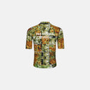 Jersey de ciclismo Velo Store Mx Pas Normal Studios con estampado tie-dye en tonos verdes y ocres, vista trasera.