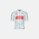 Maillot de ciclismo Pas Normal Studios Mechanism en color azul claro con gráficos rojos y ajuste aerodinámico.