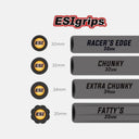 Tabla comparativa de diámetros de puños ESI Grips en Velo Store Mx, mostrando modelos Racer's Edge, Chunky y Fatty's.
